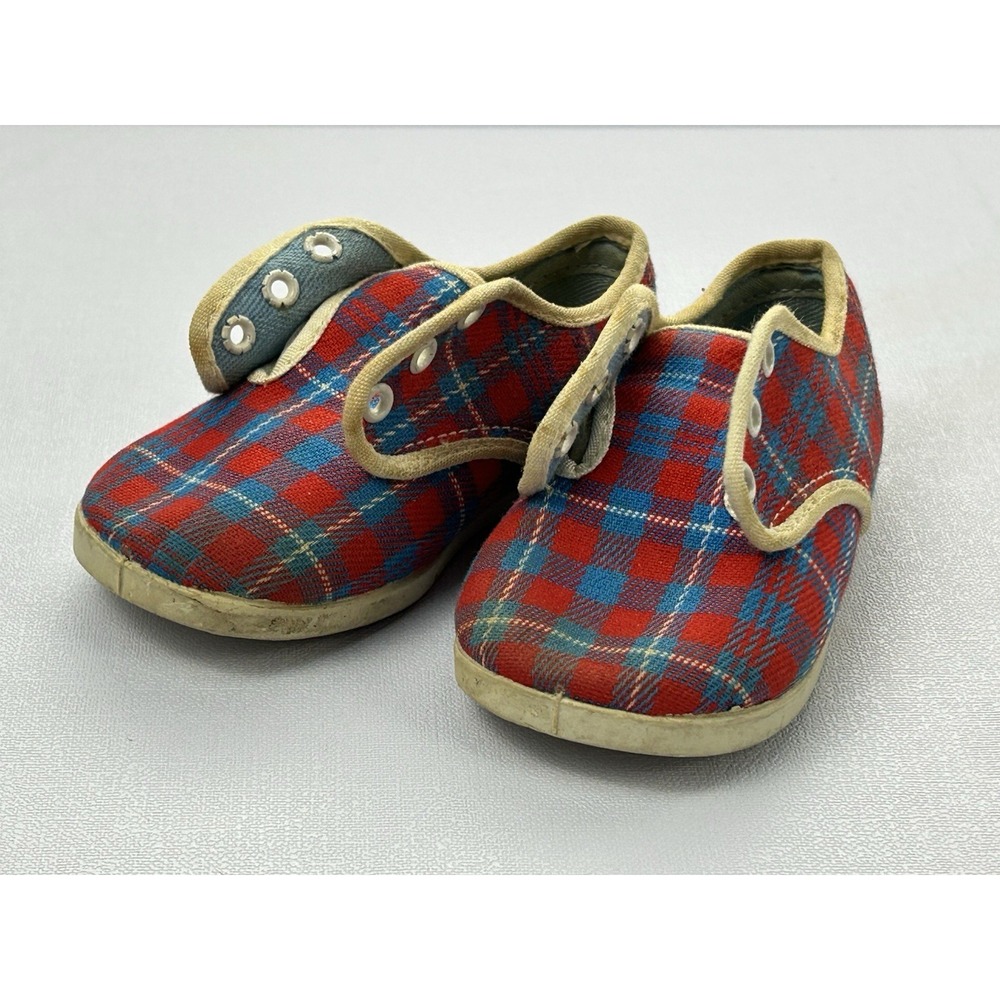 Vintage 1950s 60s Kids Plaid Canvas Shoes Red Blue Toddler Display Prop 4.5"